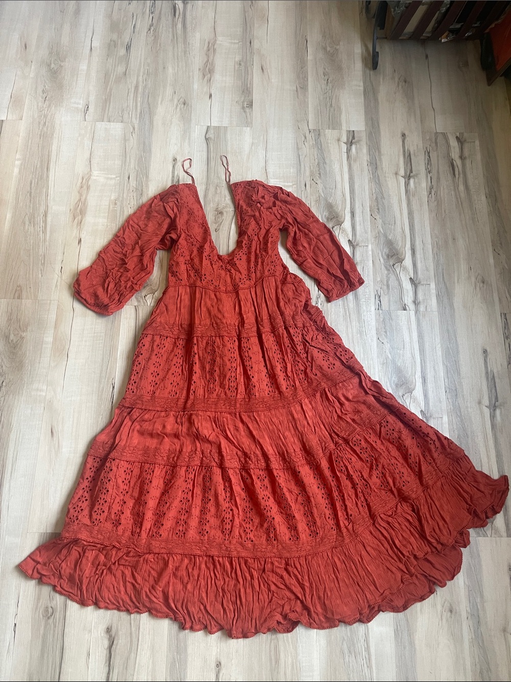 Free People Rust Orange Tiered Eyelet Maxi Dress